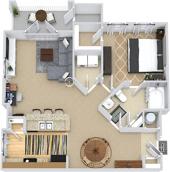Floor plan for 1 bed, 1 bath, 838 sqft